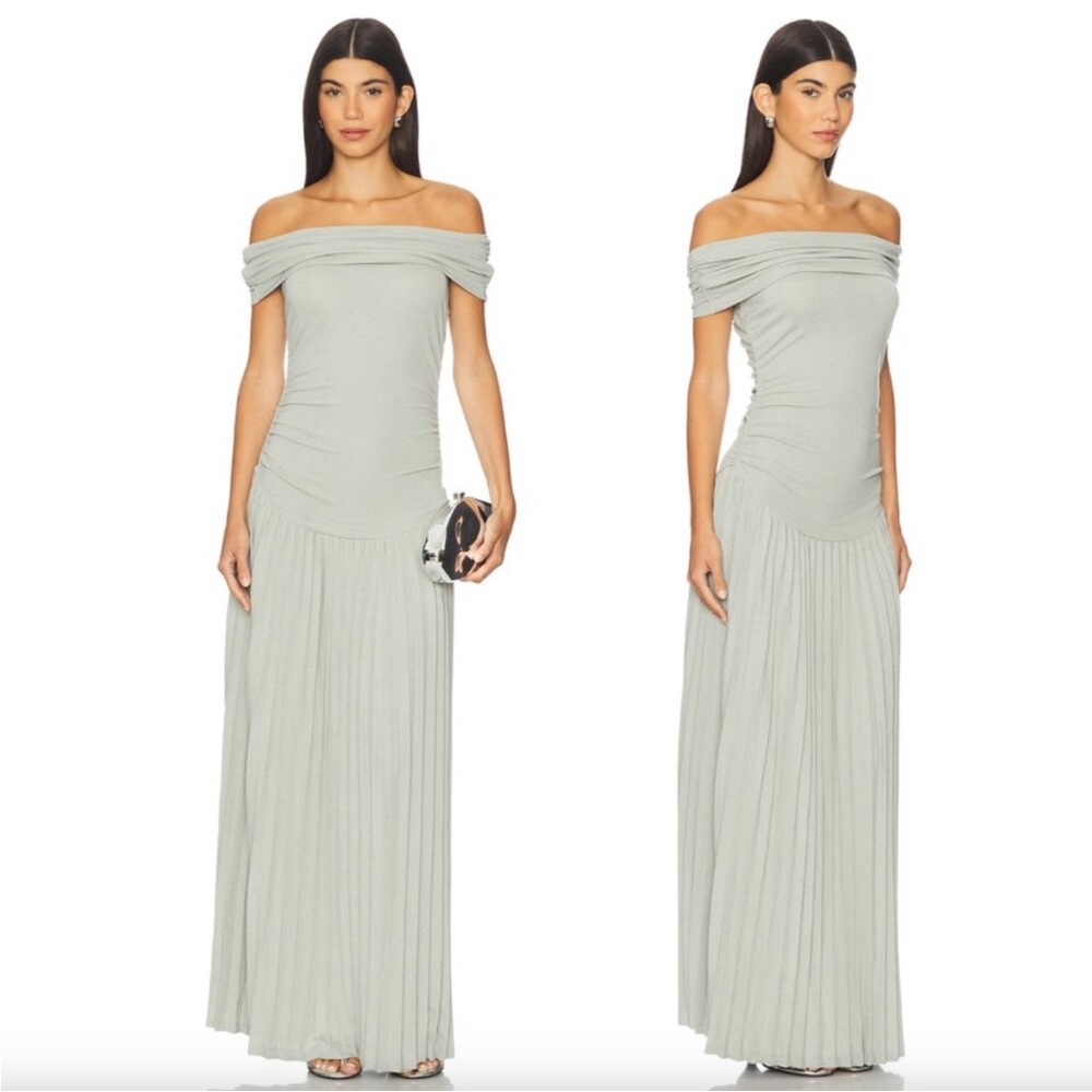 Lioness Sage Green Ruched Off Shoulder Maxi Dress Pleated Skirt XXL NWT